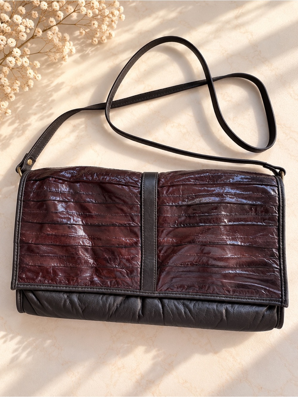 Vintage Eel Skin & Leather Bag | Chocolate Brown |